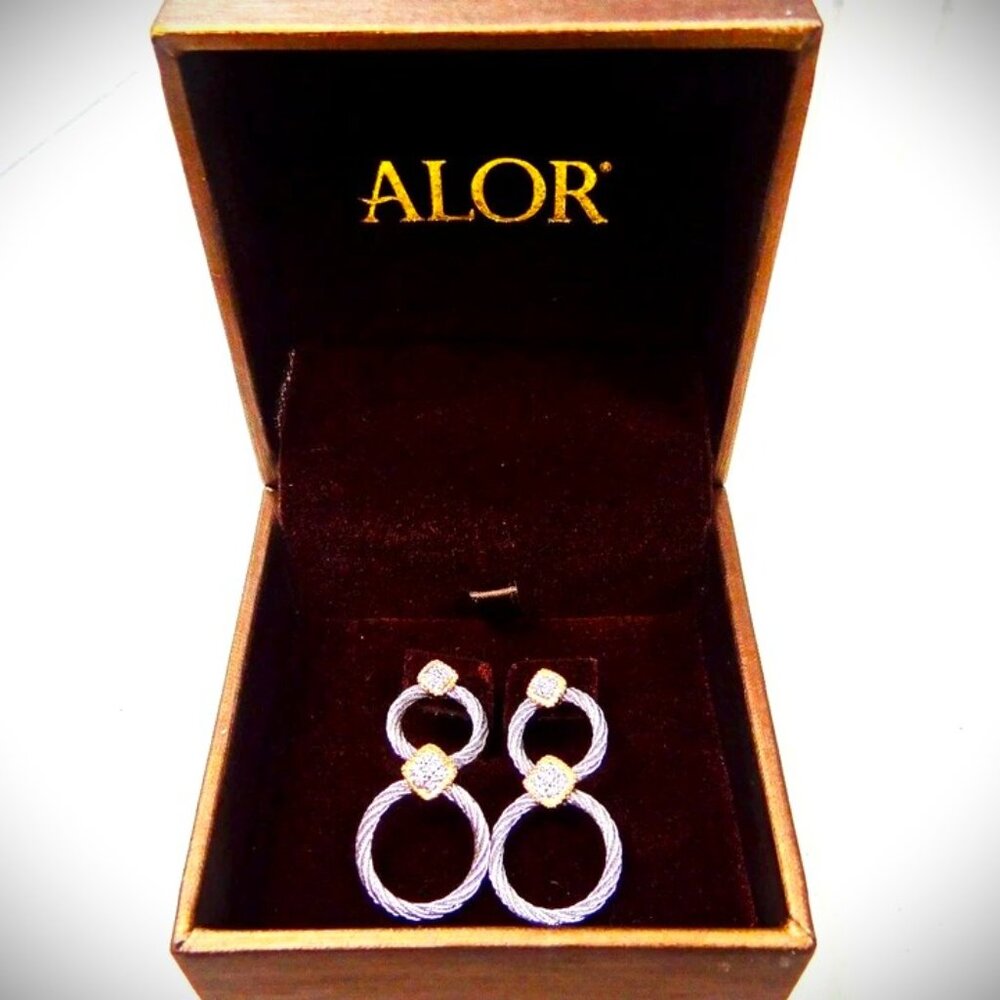 ALOR 18K Gold Stainless Steel Classique Diamond Pave Double Hoop Drop Earrings